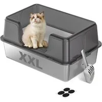 SURFOU Katzentoilette Katzenklo Edelstahl xxl, Halb-Offen Katzentoilette Hoher Rand mit Sieb, 60x40x31,5cm für Große Katzen, Geruchsfreie mit Anti-Rutsch-Matte
