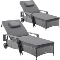 Casaria Gartenliege, 2x Sonnenliege 165kg Belastbar inkl. 7cm Auflage Rollen Polyrattan