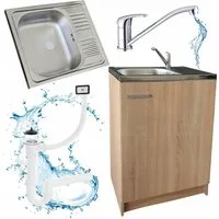 STAMAR Spülenschrank Küchenschrank 60cm Sonoma Spüle Abtropf Armatur Chrom Set Kompakt Standschrank Siphon Geschirrspüler Komplett Montagefertig Set