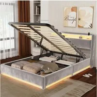 oyajia Polsterbett LED Doppelbett 140x200cm, Stauraumbett mit Kopfteil, Samt (mit Komforthöhe, Leises Design Bett), Stauraumbett mit Hydraulische Metallrahmen und Lattenrost aus Holz