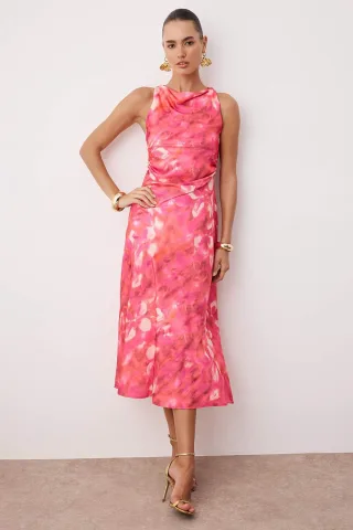 Rosa Abstrakt Midi-Kleid für Damen, ärmellos, elegant/für den Abend