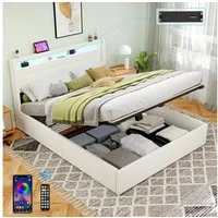 oyajia Polsterbett Stauraumbett Doppelbett LED, PU-Kunstleder (Type-C + USB, Hydraulisch hebbarer Stauraum), Modernes Jugendbett, Leises Design Bett, Max. Belastbarkeit 365 kg