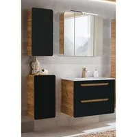 Lomadox Badmöbel-Set NEW-LUTON, (Spar-Set, 4-St), Eiche Nb. mit 80 cm Keramik-Waschtisch & Spiegelschrank 130/200/46 cm