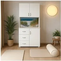 HTI-Living Mehrzweckschrank Schrank mit bedruckter Rückwand Düne (Stück, 1-St., 1 Schrank) Highboard 6 Regalfächer 3 Schubladen
