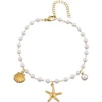 KARMA Fußkette mit Anhänger Perlen Seestern Muschel Gold Weiß 21 cm modern (Fußkettchen, 1-tlg., Fußschmuck Urlaub Strand Abendmode), filigrane Fusskette Kunstperlen