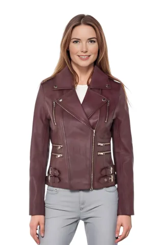 Damen Leder Burgund Brando Bikerjacke-Constantia