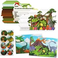 LA CUTE Einladungskarten Dino Einladungskarten Kindergeburtstag mit Umschlägen & Stickern, Mit Umschlägen & Stickern – perfekt für Dino-Mottopartys