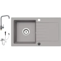 Faizee Möbel Granitspüle Faizee Home Granitspüle 75×43,5 cm mit Armatur Steel – Einbauspüle, Beidseitig montierbar, kratzfest, hitzebeständig bis 280 °C, pflegeleicht, EU-Herstellung, (Spüle mit Armatur, Granitspüle 75×43,5, Armatur Steel, Siphon ink