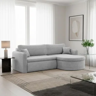 Ecksofa Schlafsofa FELIZ Stoff Poso Hellgrau Ottomane Rechts