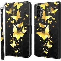 CLM-Tech Handytasche für Samsung Galaxy A16 / A17 5G Hülle aus Kunstleder Klapphülle (Schmetterlinge gold schwarz, Handyhülle mit Standfunktion - Wallet Flip Case inklusive Kartenfächer), Cover mit Magnetverschluss