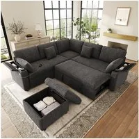Merax Ecksofa mit Schlaffunktion, L-förmiges Sofa mit USB & Type-C Ladeanschluss, Couch aus Chenille 1 Teile, 6-Sitzer Schlafsofa mit Stauraum-Hocker, Getränkehalter, Armlehnenfach
