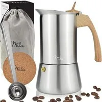 Milu Espressokocher, Edelstahl 9 Tassen, 450 ml, Holzoptik Griff, Induktion, 7-tlg. Set