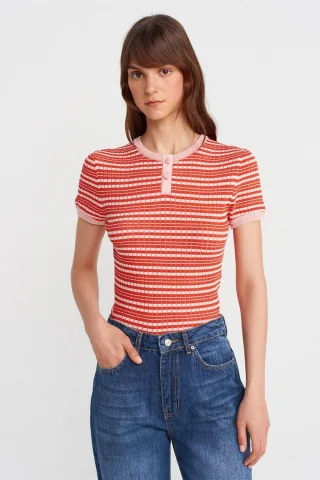 Gestreifte Ripp-Button-Front-Bluse