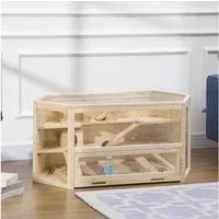 PawHut Kleintierkäfig Nagerkäfig mit Rampe, Tannenholz PS Natur 115 x 60 x 55 cm