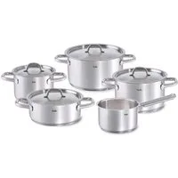 Fissler Topf-Set Family Line, Edelstahl 18/10 (Set, 9-tlg., 1 Bratentopf 20 cm, je 1 Kochtopf 16/20/24 cm, 1 Stielkasserolle 16cm), extra breiter Schüttrand