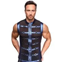 NEK Kurzarmshirt Glänzendes Shirt mit Reißverschluss - metallic blau (1-tlg) Metallic-Mattlook mit nietenbesetzten Riemen