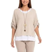 dy_mode Blusenshirt Damen Blusenshirt Oberteil 2-in-1 Lagenlook Shirt Fledermausärmel 2-teilige Set, inkl. Halskette, Fledermausärmel