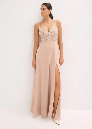bonprix Abendkleid, beige, Gr.50, Modern und feminines Abendkleid mit Paillettenstickerei im Oberteil und Spagetti-Trägern