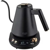 ADLER EUROPE Wasserkocher AD 1349 Schwanenhals-Wasserkocher mit Temperatursteuerung 40-100°C, 1 l, 1100 W, Warmhaltefunktion, Edelstahlgehäuse, 360° Basis Schwarz/Gold