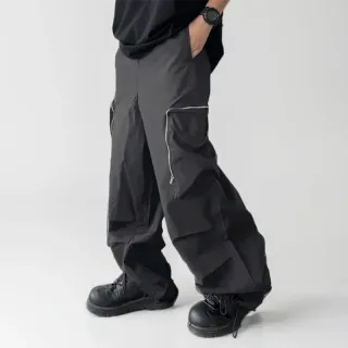 INCERUN Mens Zipper Big Pocket Pleated Design Pant Wide Legged Trousers Casual Solid Color Elastic Waist Pant S-5XL