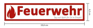 Feuerwehr Aufkleber | rote Aufschrift auf weißem Grund | mit Flammen-Symbol | Maße: 19,6 x 4,2 cm | UV-geschützt durch Speziallack | ideal fürs Auto