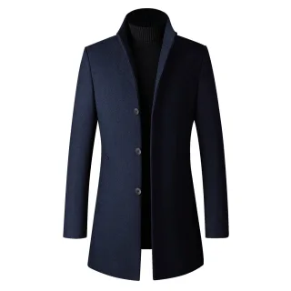 Herren Wollmantel Lang Slim Fit Stehkragen Business Mantel für den Winter Blau