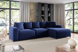 Ecksofa Designersofa Sofa MEGAN in Stoff Salvador Dunkelblau Ottomane Rechts