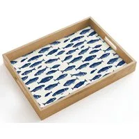 OnlyWow Tablett Rechteckig mit Henkel Fisch - Muster - Blau - Weiß, Eichenholz, (1-tlg), Siervierplatte, Tray, Frühstücksbrett