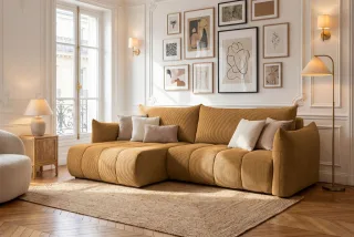 Ecksofa Schlafsofa ONTARIO in Stoff Poso Senfgelb Ottomane Links