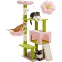 PETEPELA Kratzbaum Blumen-Kratzbaum für Katzen, Niedliches Design mit großem Schlafhaus, Platzsparend,120cm,blau, grün
