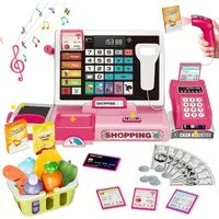SliBoeyX Spielkasse Kinder Spielkasse mit Rechner, Scanner, Spielgeld und Zubehör Set, Rollenspiel Lernspielzeug mit Spielgeld und Zubehör für Kinder Sets