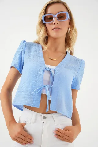 Strukturiertes V-Ausschnitt Leinen-Mix Crop Top
