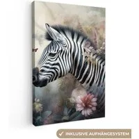OneMillionCanvasses® Leinwandbild Zebra - Wilde Tiere - Schmetterling - Blumen, Fotodruck (1 St), Leinwand Canvas Wandbild, Wanddekoration 20x30 cm