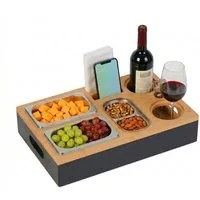 relaxdays Tablett Couchbar mit 3 Edelstahl-Snackschalen, Bambus, schwarz