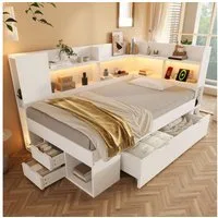 Flieks Daybett, Holzbett 90x200cm mit USB&Typ-C, LED, Stauraumregal und Schublade