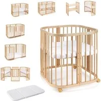 Waldin Babybett Mobiles Babybett aus Holz 7in1 mit Matratze, mitwachsend