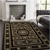Vimoda Orientteppich Kurzflor Schwarz & Gold, Wohnzimmerteppich mit Ornament Muster, Rechteckig, Höhe: 8 mm, Bordüre, pflegeleichter Wohnzimmerteppich, schlafzimmer