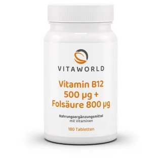 Vitaworld Vitamin B12 500 µg + Folsäure 800 µg | 180 Tabletten | hochdosiert | hergestellt in Deutschland | vegan