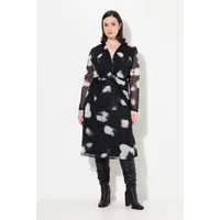 Ulla Popken Minikleid Meshkleid doppellagig Punkte V-Ausschnitt Langarm