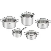 Tefal Topf-Set Duetto+, Kochtopf Set mit Glasdeckel, Edelstahl (Set, 10-tlg., Stieltopf 16 cm, Schmortöpfe 18/20/24 cm, Suppentopf 22 cm), Abgießdeckel, integrierte Messskala, induktionsgeeignet, rostfrei