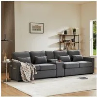 Merax 4-Sitzer mit Seitentaschen und Getränkehälter, XXL-Sofa mit USB,Chaiselounge,Polstermöbel mit Zierkissen