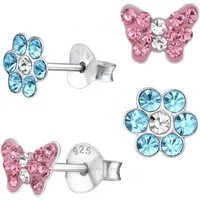 Goldene Hufeisen Ohrstecker-Set Ohrringe Kinder Schmetterling Kristall Blume 925 Silber Rosa (2 Paar, inkl. Etui), 925 Silber (Sterlingsilber), Hypoallergen