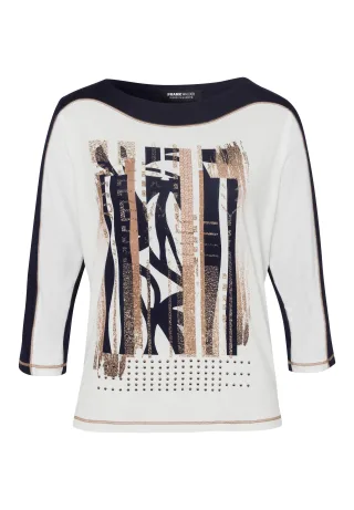FRANK WALDER - Shirt NEW INSPIRATION mit hohem Rundhalsausschnitt ecru/ink/camel - Gr. - 44
