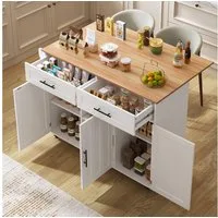 i@home Kücheninsel mit Klapptisch & Stauraum - 129x46(71)x91,5cm Esstischwagen, (Anrichte mit 5 Rädern,2 Schubladen und verstellbaren Inneneinlegeböden)