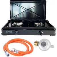 GARDINGER Camping-Gasgrill Duo Campingkocher schwarz zweiflammig mit Deckel, Schlauch, Regler, Packung, robuste Alugussbrenner