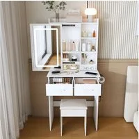 MC Star Schminktisch Weiß mit Spiegel, verstellbarer LED-Beleuchtung & Steckdose – Inkl (verstecktem Stauraum & Ablage – Platzsparend für kleine Schlafzimmer, B60/H136/T36cm)