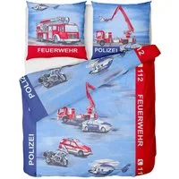 LINKHOFF Kinderbettwäsche Kinder Bettwäsche 135x200 2tlg. + 80x80 cm 100% Baumwolle - Polizei, Feuerwehr Kinderbettwäsche für Jungen - Renforce Bettwäsche-Set