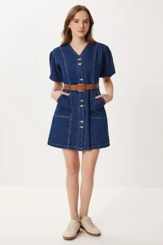 Denim V-Ausschnitt Minikleid mit Gürtel