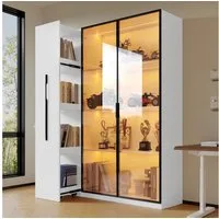 Merax Glasvitrine (2-in-1-Design Multifunktionsschrank Vitrinenschrank, 1-St., 110.5x35x160cm) LED-Vitrine mit Glastür & seitlichem Rollregal,Hochschrank Bücherregal