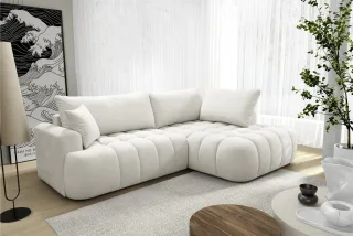 Ecksofa mit Schlaffunktion NANTES Sofa in Stoff Soft Weiß Ottomane Rechts